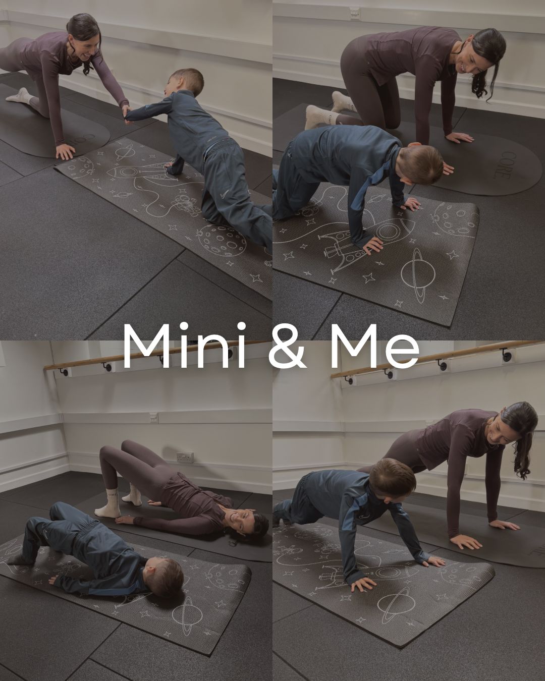 Mini & Me class — parents and children doing pilates together on space-themed mats